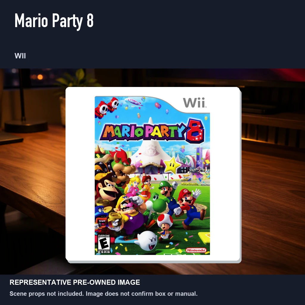 Representative pre-owned Mario Party 8 (Wii), product image in a styled desk scene.