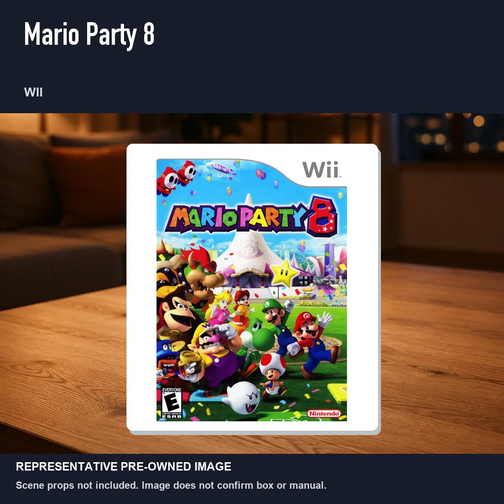 Representative pre-owned Mario Party 8 (Wii), product image in a styled room scene.