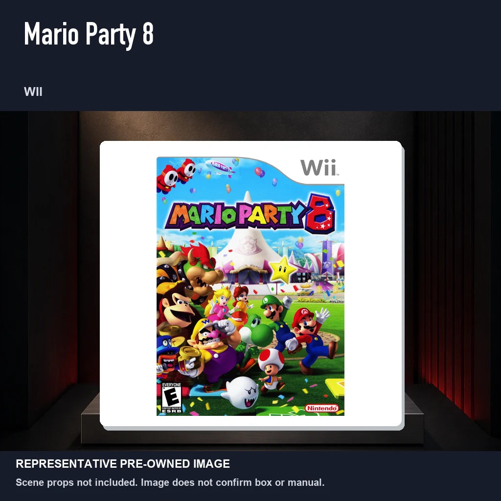 Representative pre-owned Mario Party 8 (Wii), product image on a display panel.