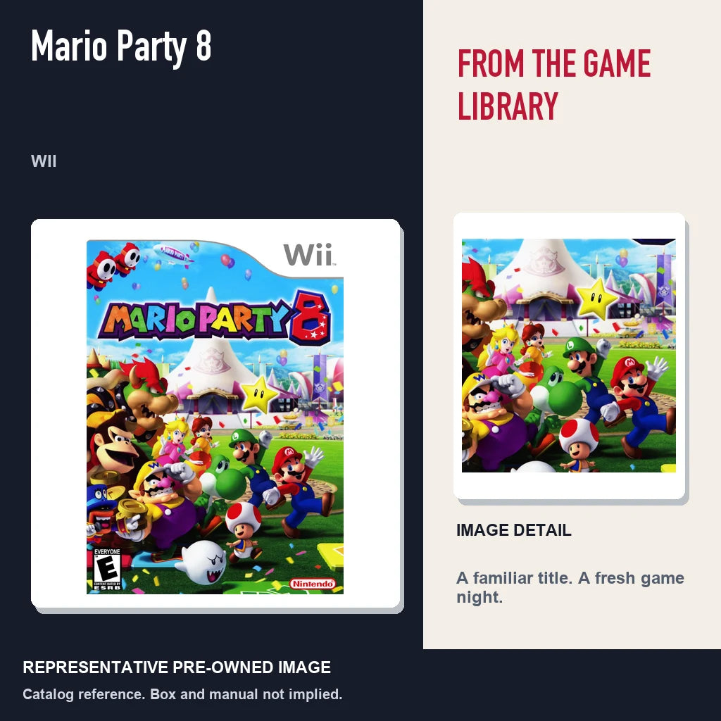 Representative pre-owned Mario Party 8 (Wii), editorial image and detail.