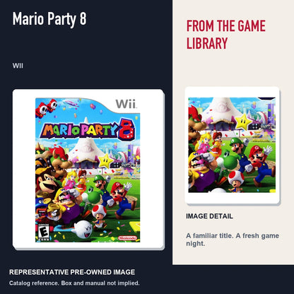 Representative pre-owned Mario Party 8 (Wii), editorial image and detail.
