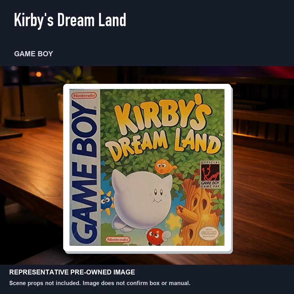 Representative pre-owned Kirby's Dream Land (Game Boy), product image in a styled desk scene.