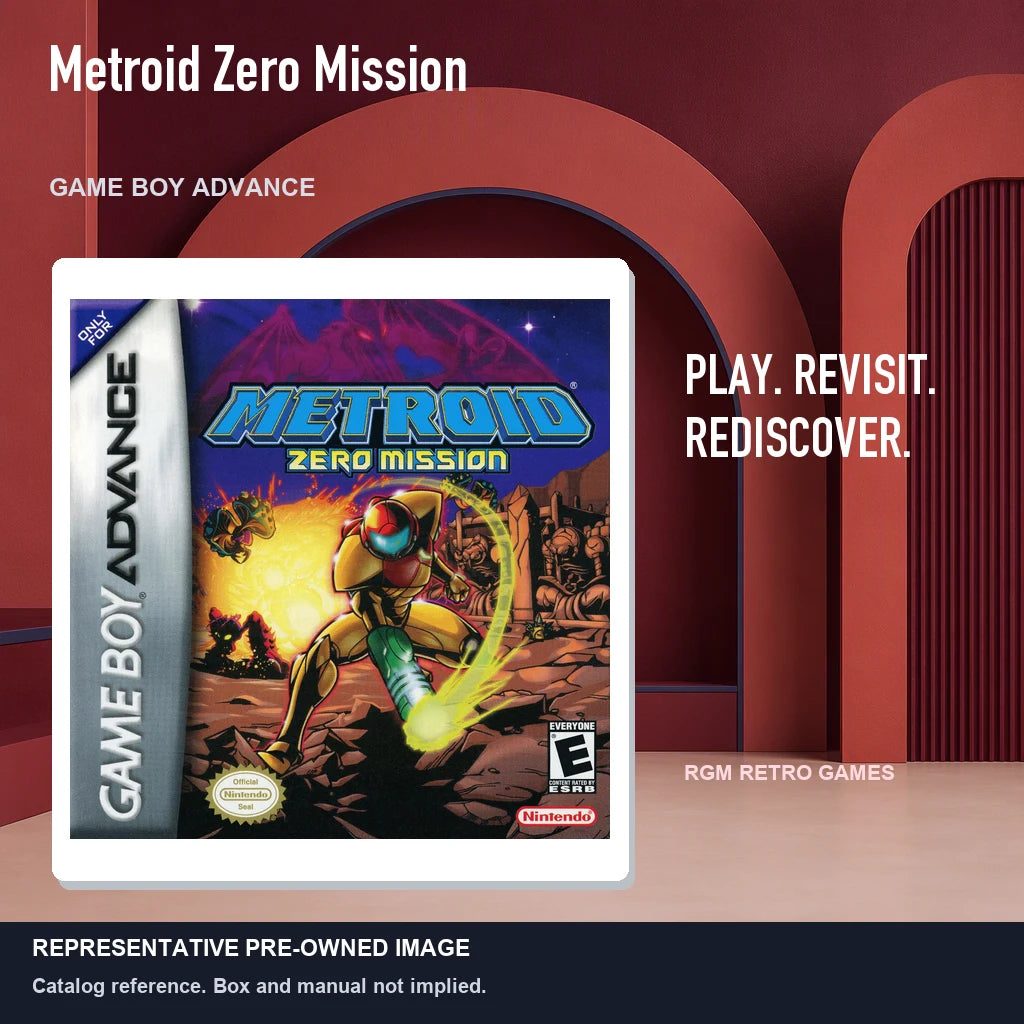 Representative pre-owned Metroid Zero Mission (Game Boy Advance), red retro product layout.