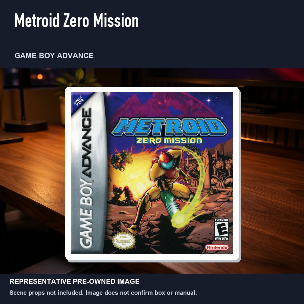 Representative pre-owned Metroid Zero Mission (Game Boy Advance), product image in a styled desk scene.