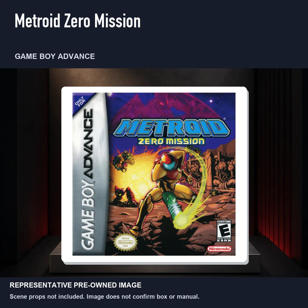 Representative pre-owned Metroid Zero Mission (Game Boy Advance), product image on a display panel.