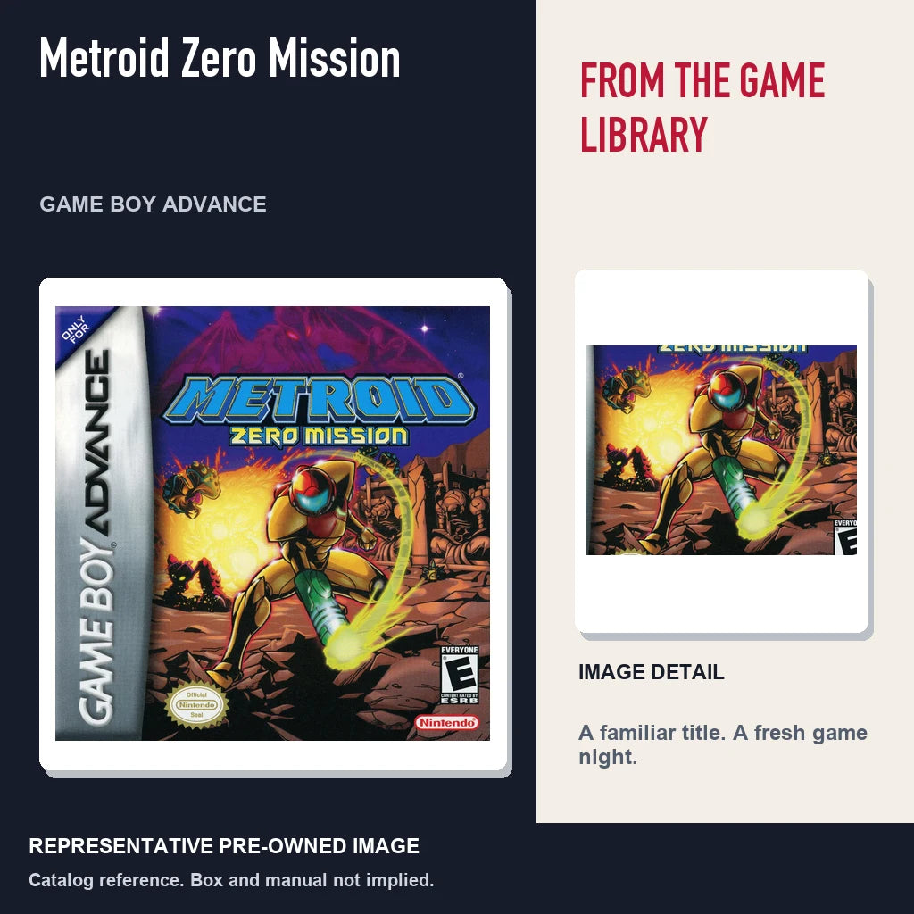 Representative pre-owned Metroid Zero Mission (Game Boy Advance), editorial image and detail.