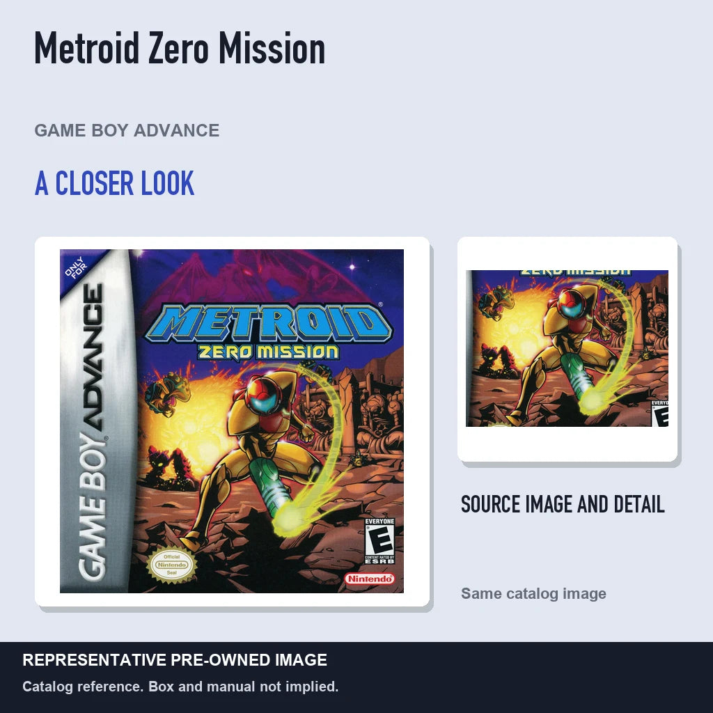 Representative pre-owned Metroid Zero Mission (Game Boy Advance), full image with detail inset.