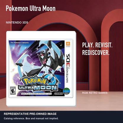 Representative pre-owned Pokemon Ultra Moon (Nintendo 3DS), red retro product layout.
