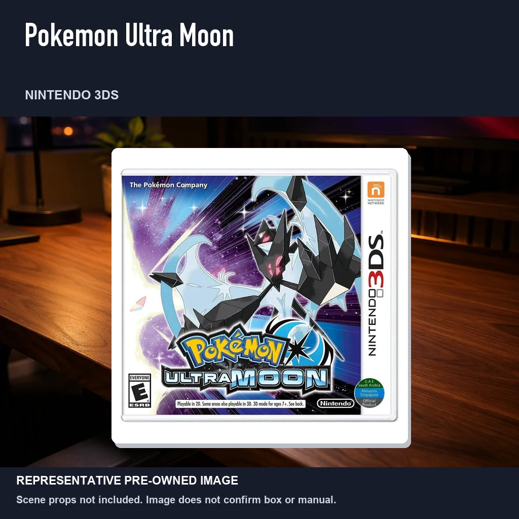 Representative pre-owned Pokemon Ultra Moon (Nintendo 3DS), product image in a styled desk scene.