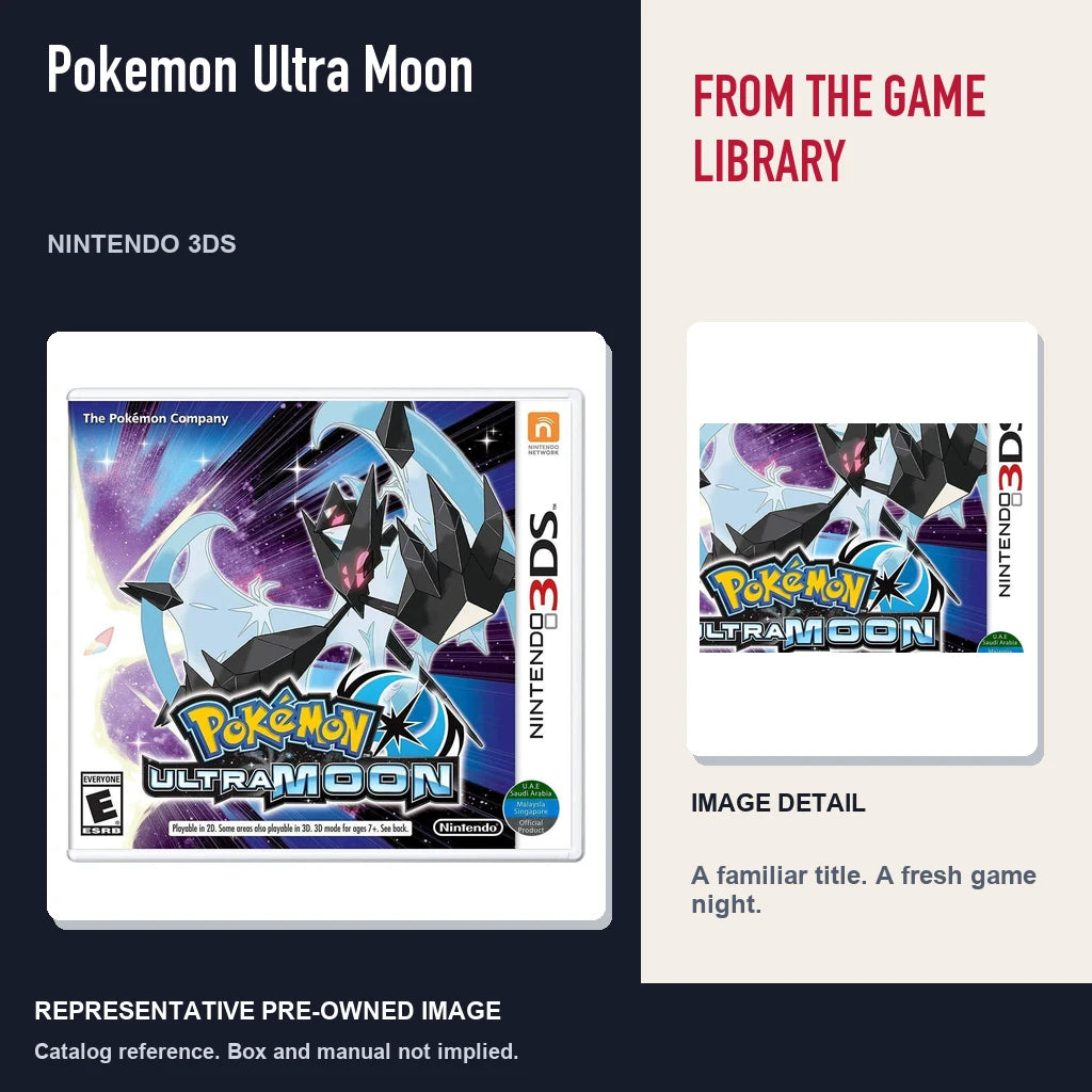 Representative pre-owned Pokemon Ultra Moon (Nintendo 3DS), editorial image and detail.
