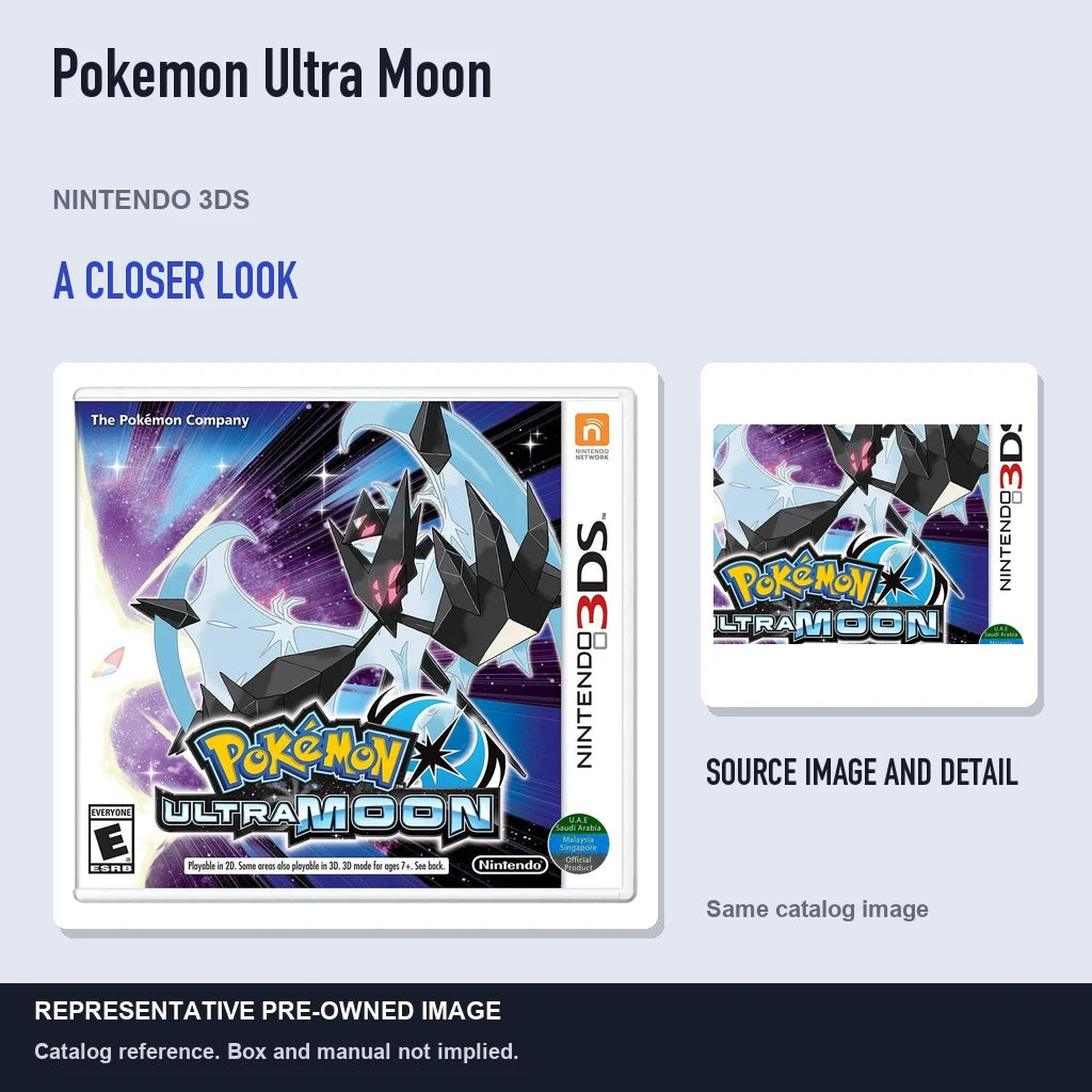 Representative pre-owned Pokemon Ultra Moon (Nintendo 3DS), full image with detail inset.