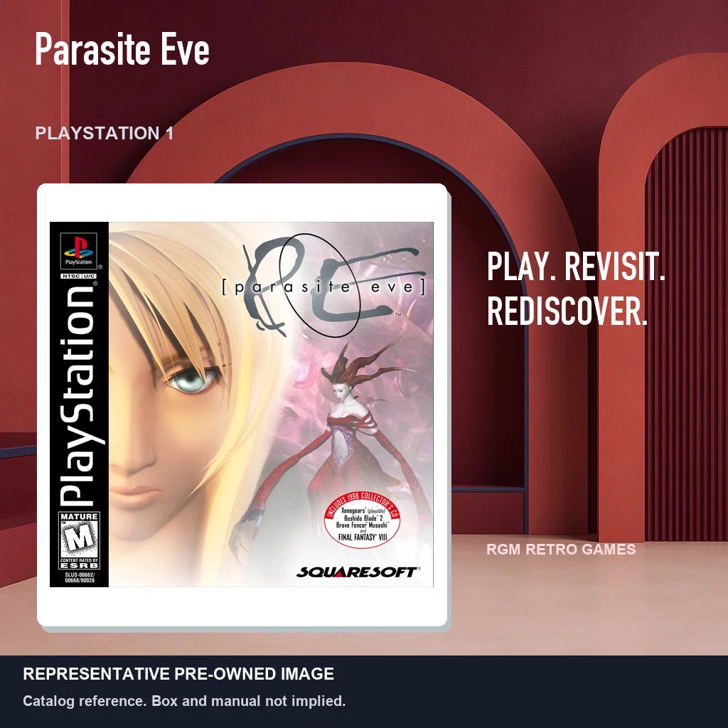 Representative pre-owned Parasite Eve (PlayStation 1), red retro product layout.