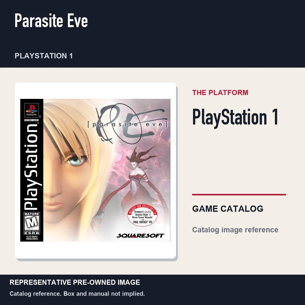 Representative pre-owned Parasite Eve (PlayStation 1), platform product layout.