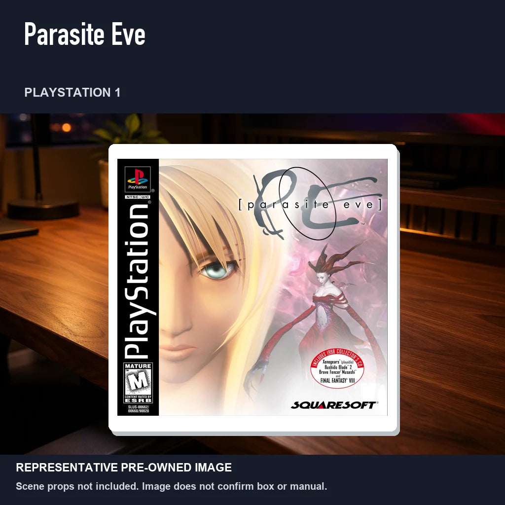 Representative pre-owned Parasite Eve (PlayStation 1), product image in a styled desk scene.