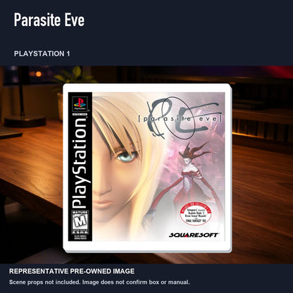 Representative pre-owned Parasite Eve (PlayStation 1), product image in a styled desk scene.