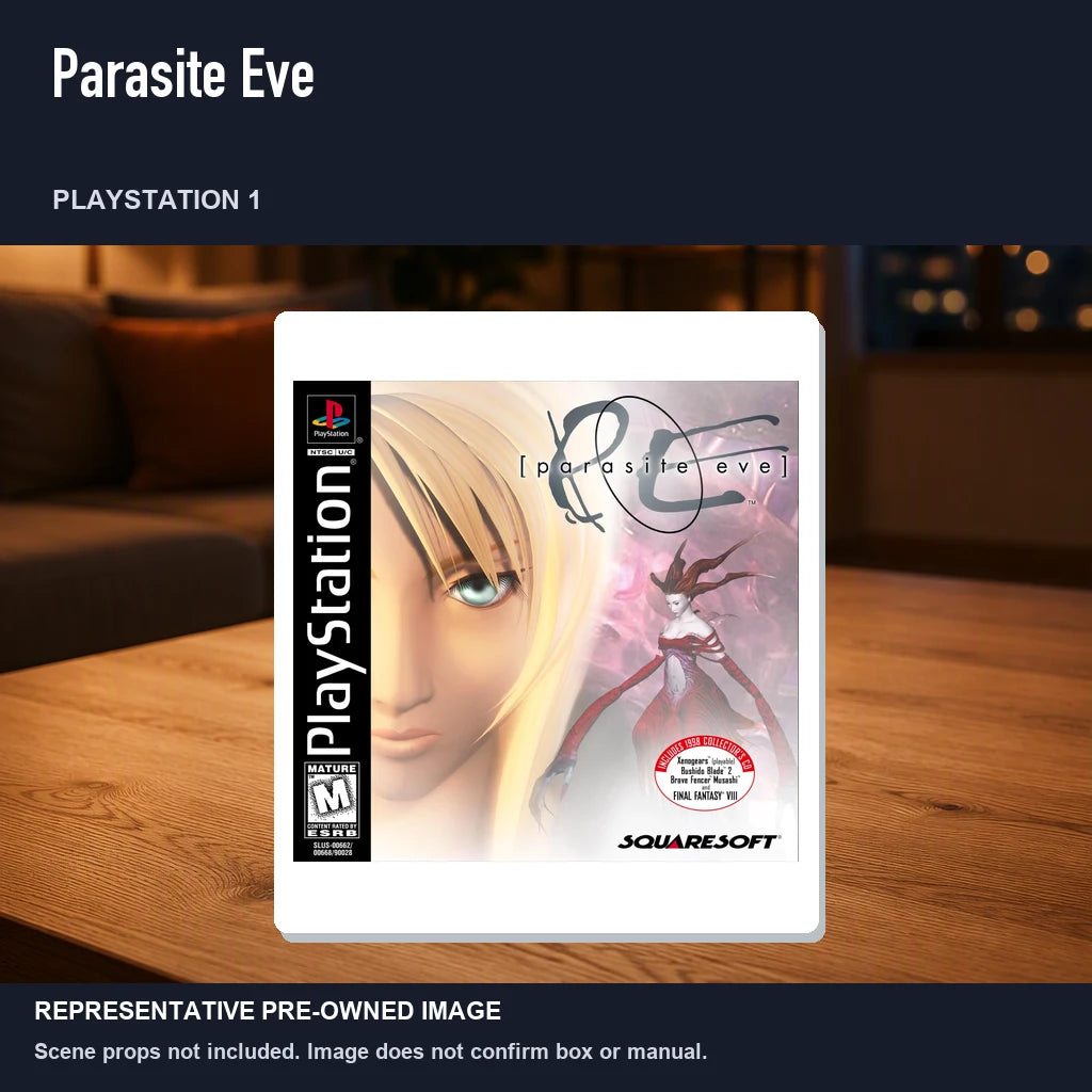Representative pre-owned Parasite Eve (PlayStation 1), product image in a styled room scene.