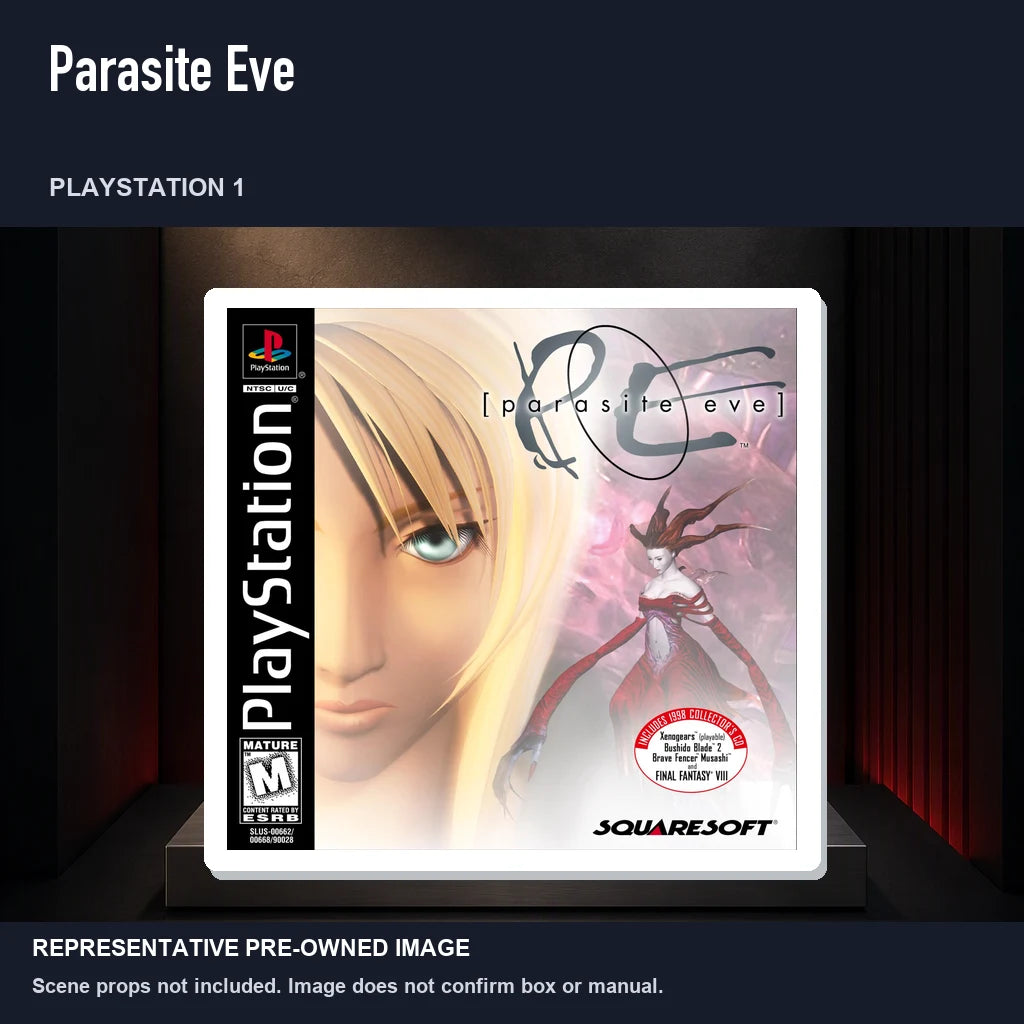 Representative pre-owned Parasite Eve (PlayStation 1), product image on a display panel.