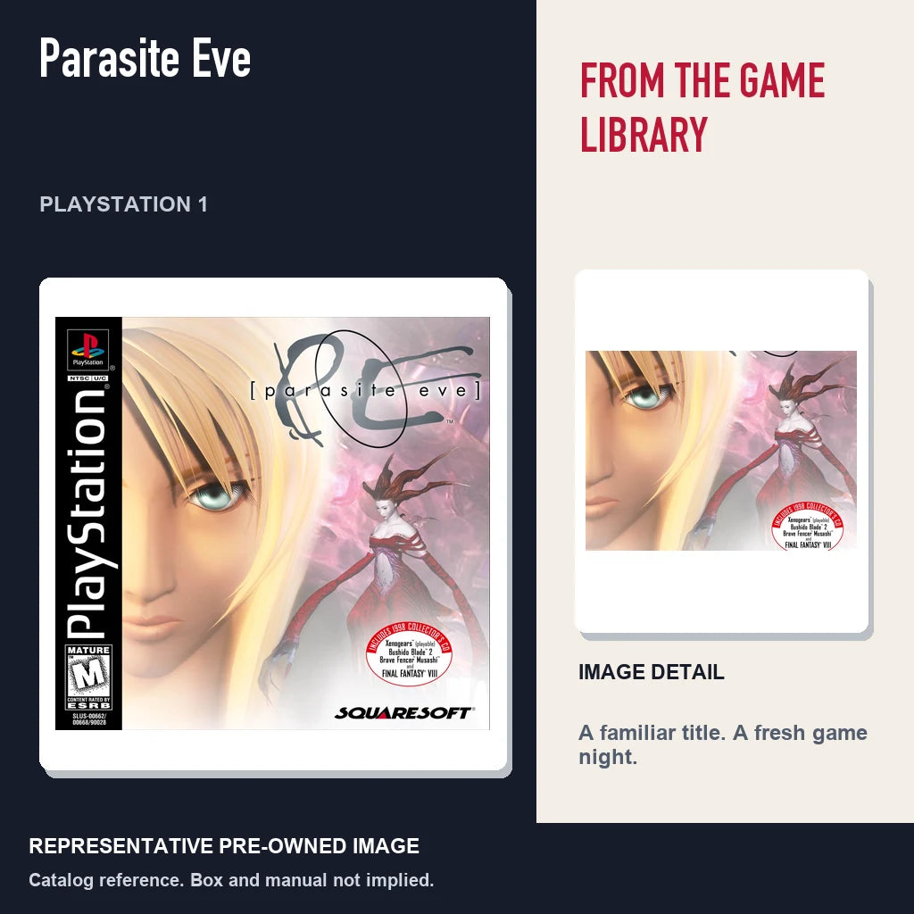 Representative pre-owned Parasite Eve (PlayStation 1), editorial image and detail.