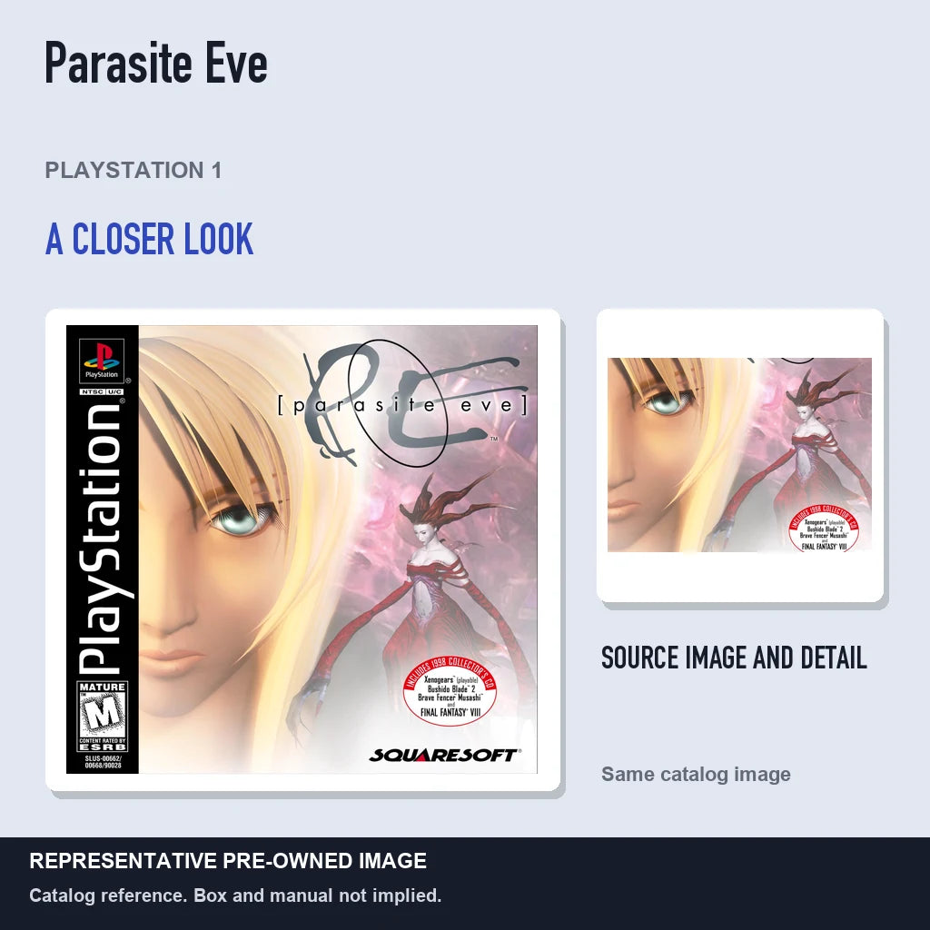 Representative pre-owned Parasite Eve (PlayStation 1), full image with detail inset.