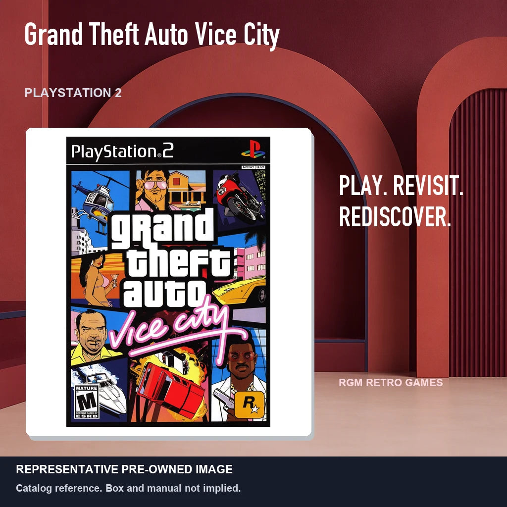 Representative pre-owned Grand Theft Auto Vice City (PlayStation 2), red retro product layout.