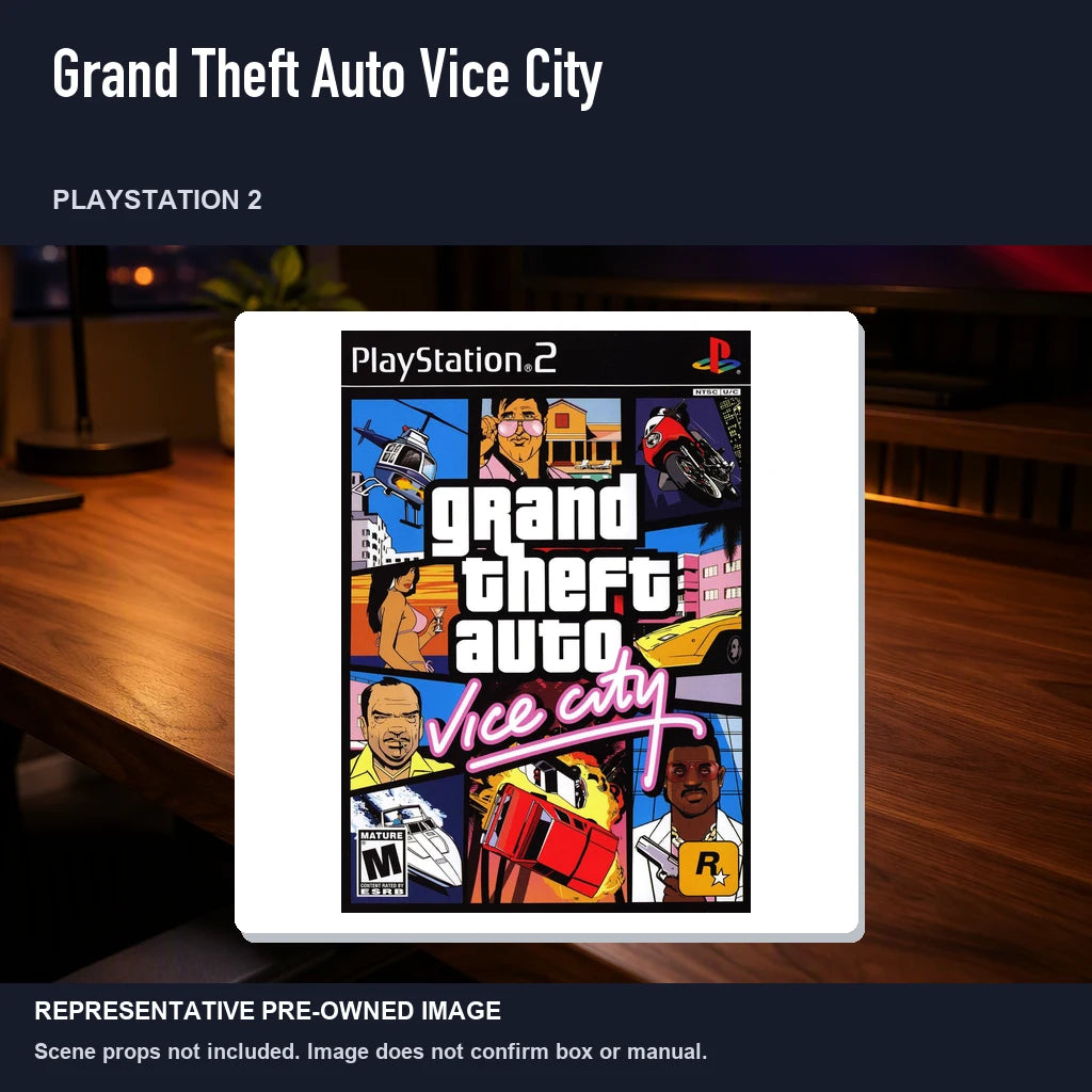 Representative pre-owned Grand Theft Auto Vice City (PlayStation 2), product image in a styled desk scene.