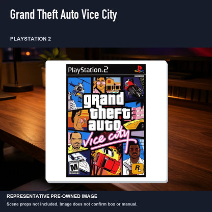 Representative pre-owned Grand Theft Auto Vice City (PlayStation 2), product image in a styled desk scene.