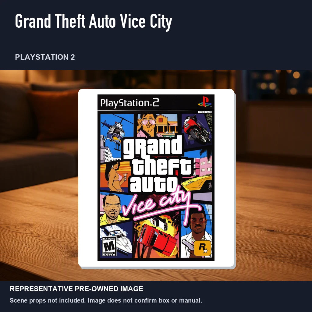 Representative pre-owned Grand Theft Auto Vice City (PlayStation 2), product image in a styled room scene.