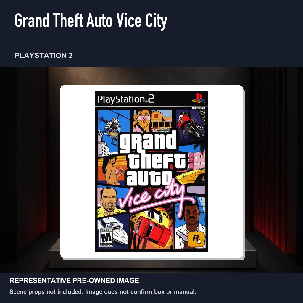Representative pre-owned Grand Theft Auto Vice City (PlayStation 2), product image on a display panel.