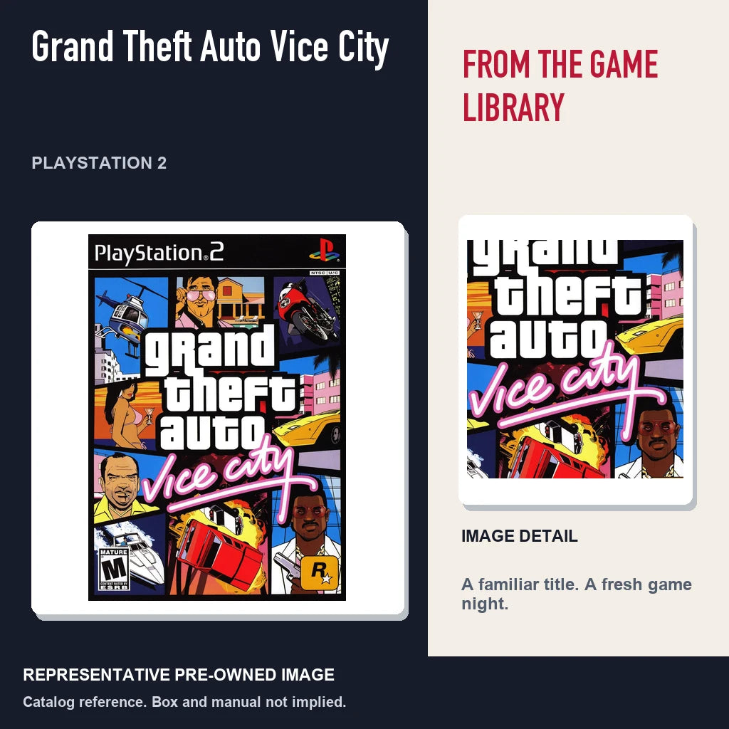 Representative pre-owned Grand Theft Auto Vice City (PlayStation 2), editorial image and detail.
