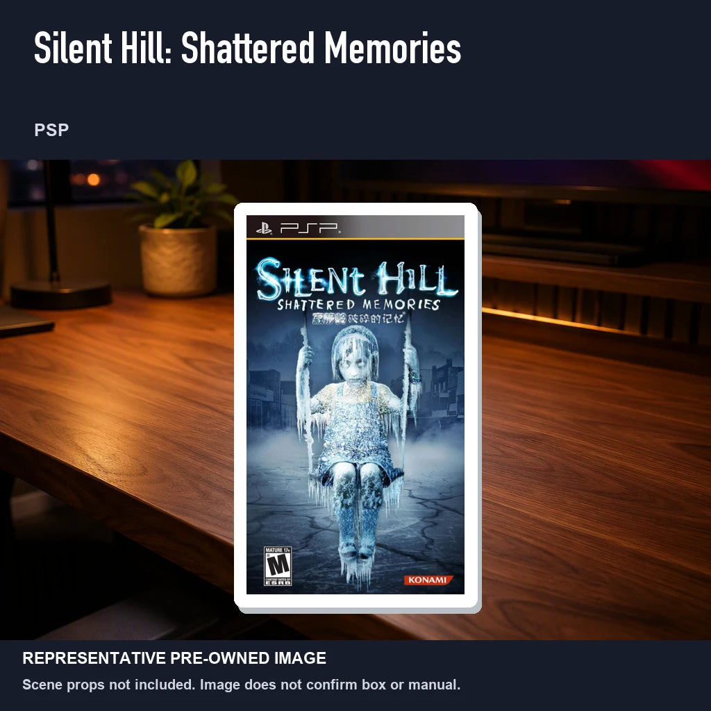 Representative pre-owned Silent Hill: Shattered Memories (PSP), product image in a styled desk scene.