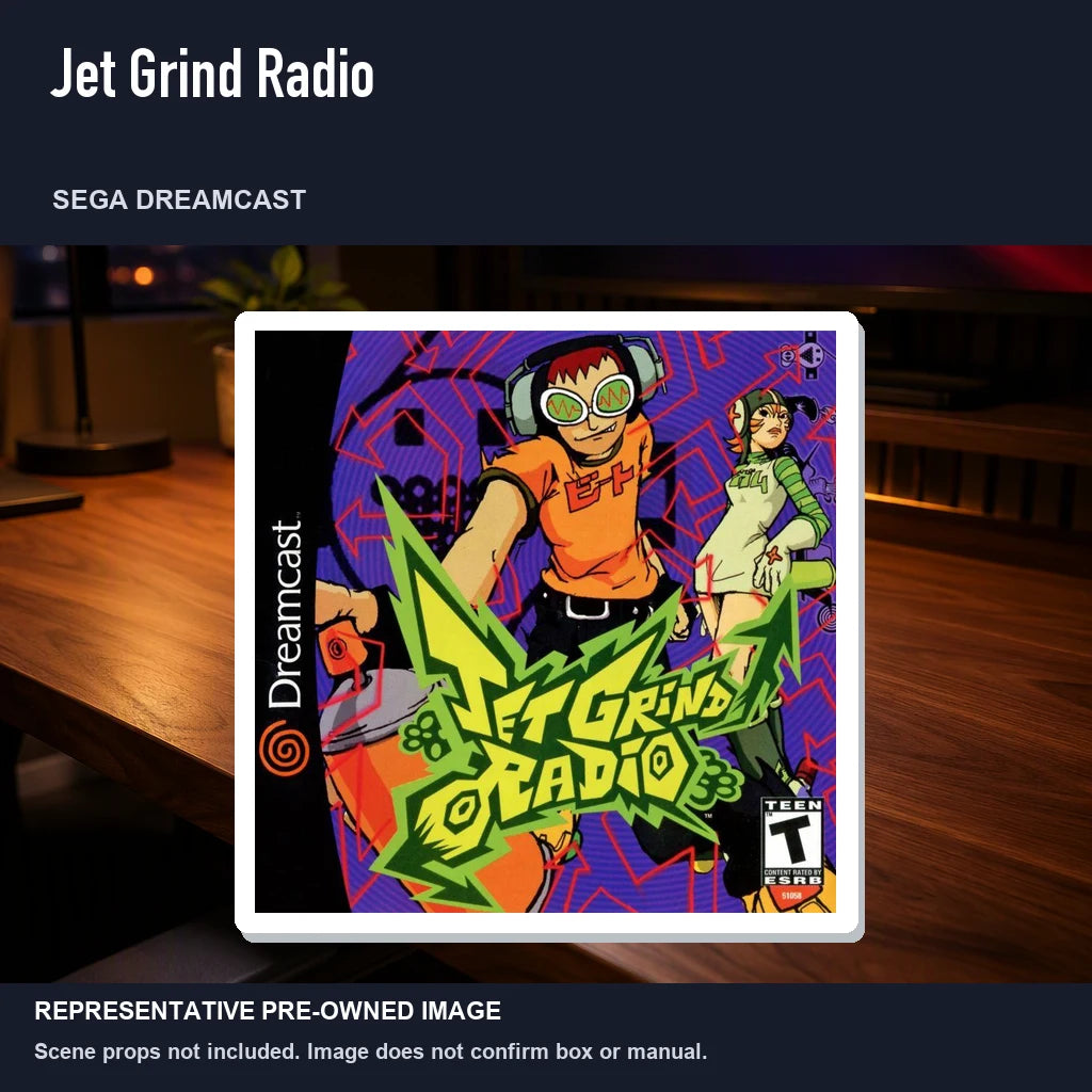 Representative pre-owned Jet Grind Radio (Sega Dreamcast), product image in a styled desk scene.