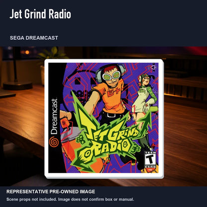 Representative pre-owned Jet Grind Radio (Sega Dreamcast), product image in a styled desk scene.