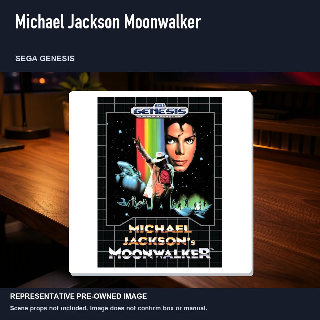 Representative pre-owned Michael Jackson Moonwalker (Sega Genesis), product image in a styled desk scene.