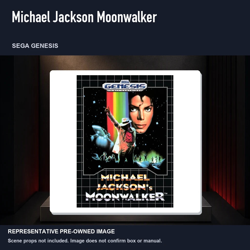 Representative pre-owned Michael Jackson Moonwalker (Sega Genesis), product image on a display panel.
