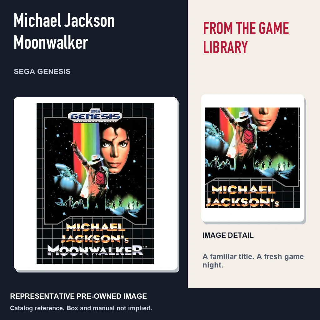 Representative pre-owned Michael Jackson Moonwalker (Sega Genesis), editorial image and detail.