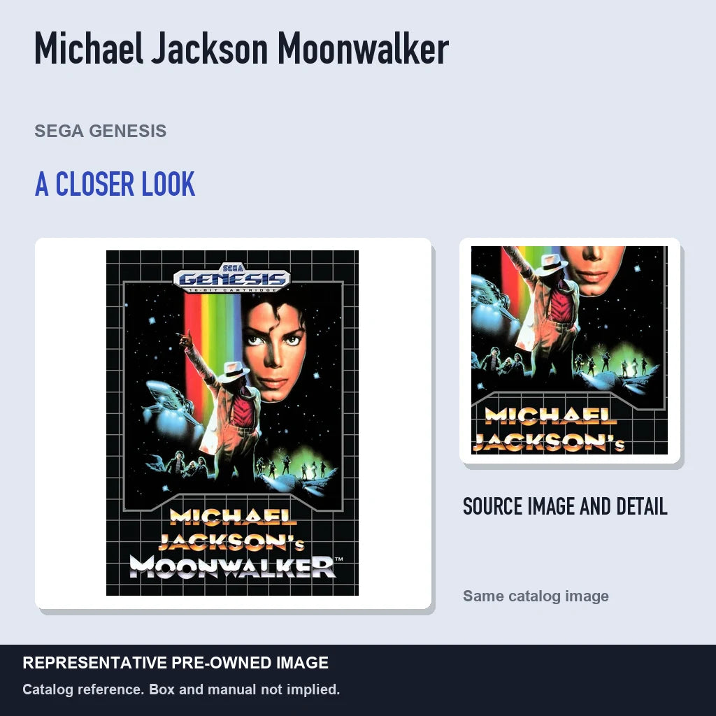 Representative pre-owned Michael Jackson Moonwalker (Sega Genesis), full image with detail inset.