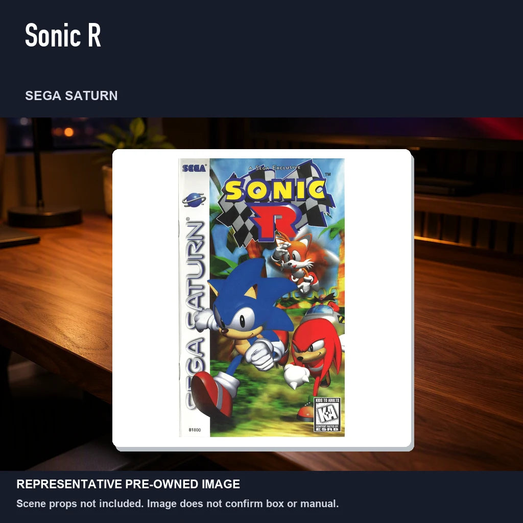 Representative pre-owned Sonic R (Sega Saturn), product image in a styled desk scene.