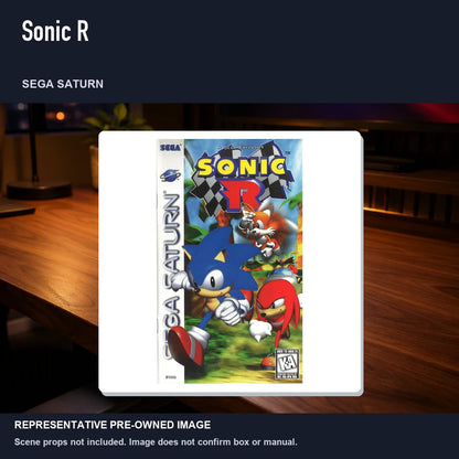 Representative pre-owned Sonic R (Sega Saturn), product image in a styled desk scene.