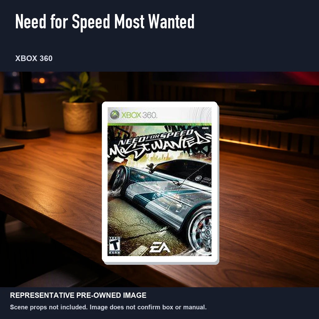 Representative pre-owned Need for Speed Most Wanted (Xbox 360), product image in a styled desk scene.