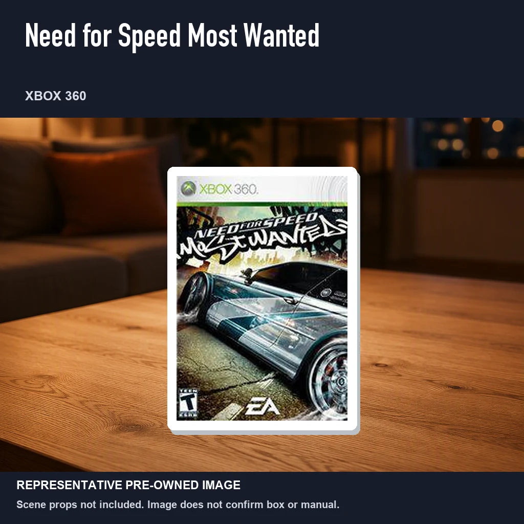 Representative pre-owned Need for Speed Most Wanted (Xbox 360), product image in a styled room scene.