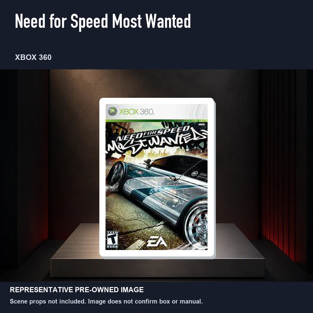 Representative pre-owned Need for Speed Most Wanted (Xbox 360), product image on a display panel.