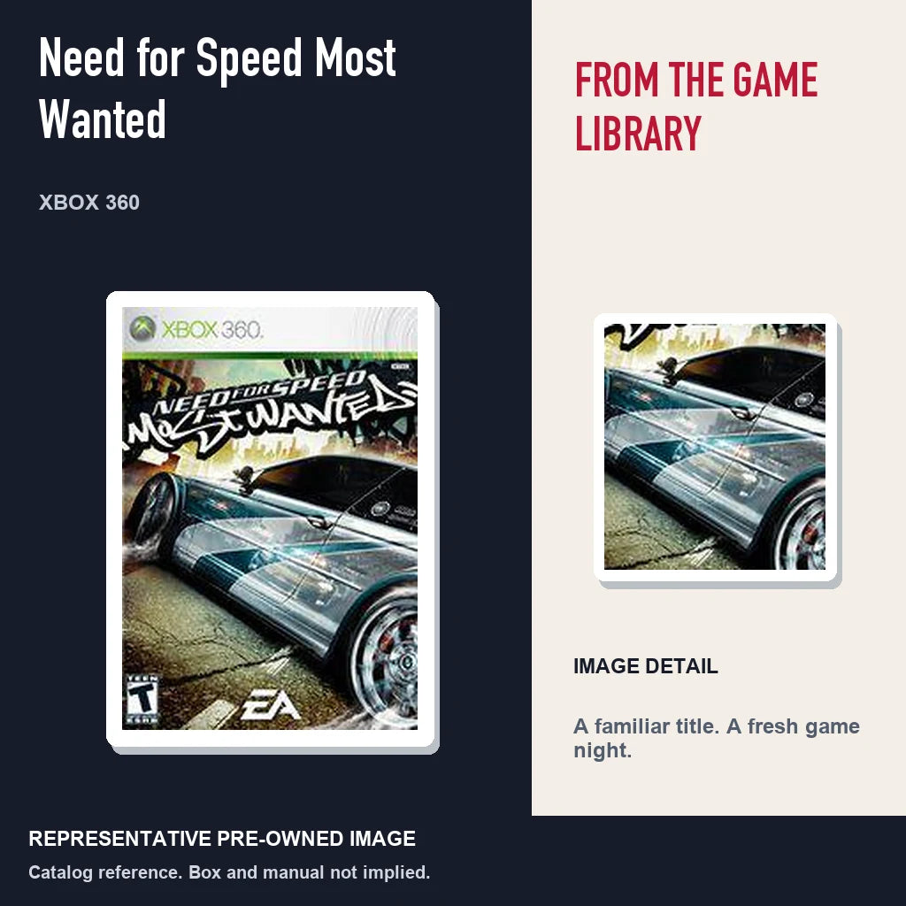 Representative pre-owned Need for Speed Most Wanted (Xbox 360), editorial image and detail.
