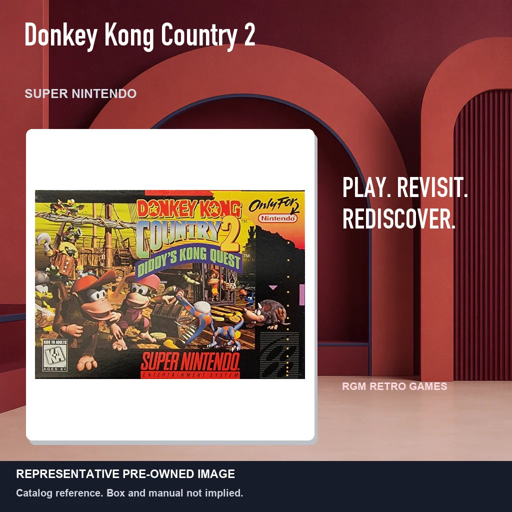 Representative pre-owned Donkey Kong Country 2 (Super Nintendo), red retro product layout.