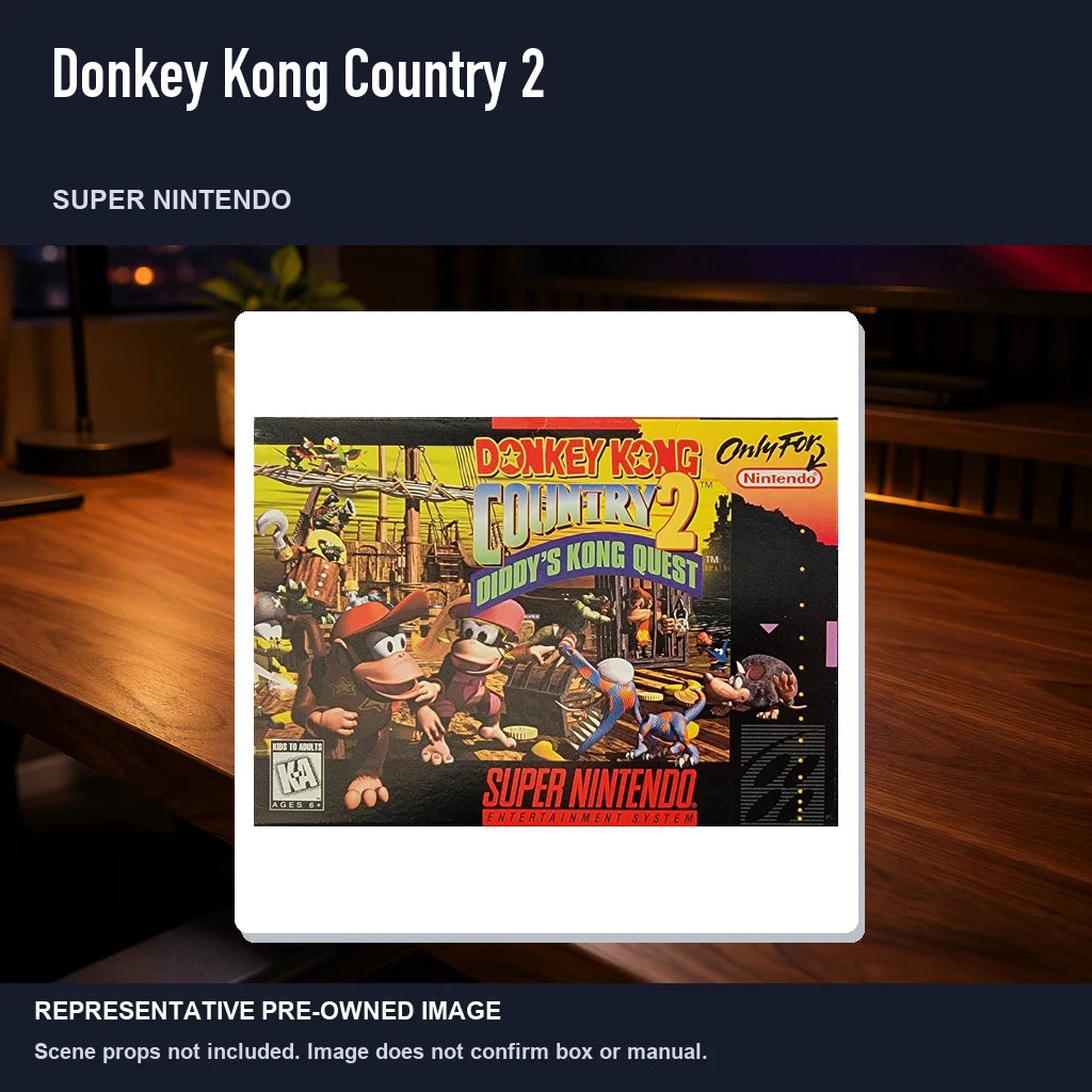 Representative pre-owned Donkey Kong Country 2 (Super Nintendo), product image in a styled desk scene.
