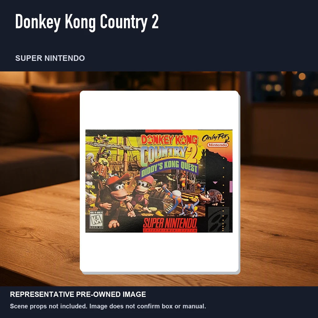 Representative pre-owned Donkey Kong Country 2 (Super Nintendo), product image in a styled room scene.