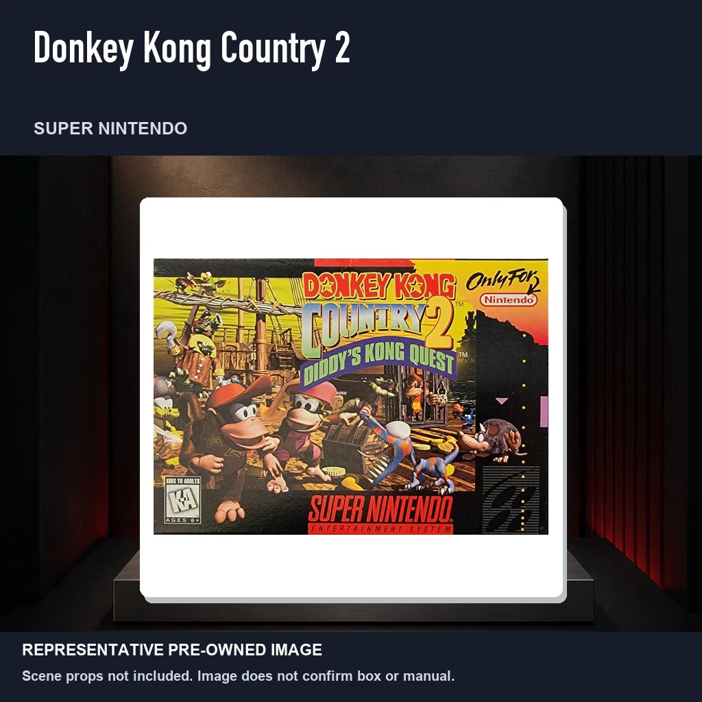 Representative pre-owned Donkey Kong Country 2 (Super Nintendo), product image on a display panel.