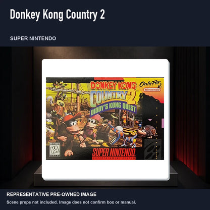 Representative pre-owned Donkey Kong Country 2 (Super Nintendo), product image on a display panel.