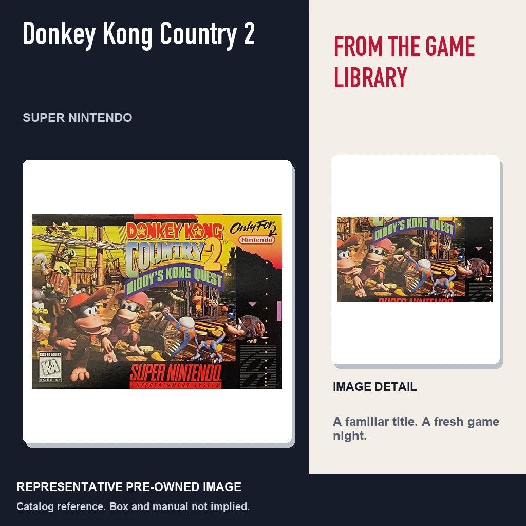 Representative pre-owned Donkey Kong Country 2 (Super Nintendo), editorial image and detail.