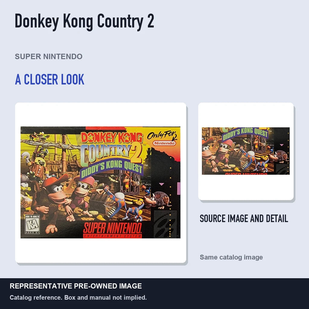 Representative pre-owned Donkey Kong Country 2 (Super Nintendo), full image with detail inset.