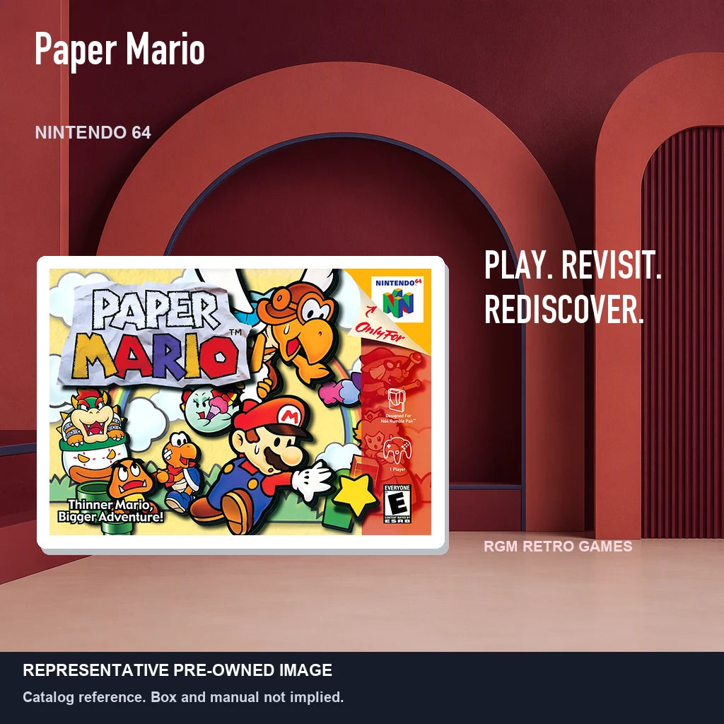 Representative pre-owned Paper Mario (Nintendo 64), red retro product layout.